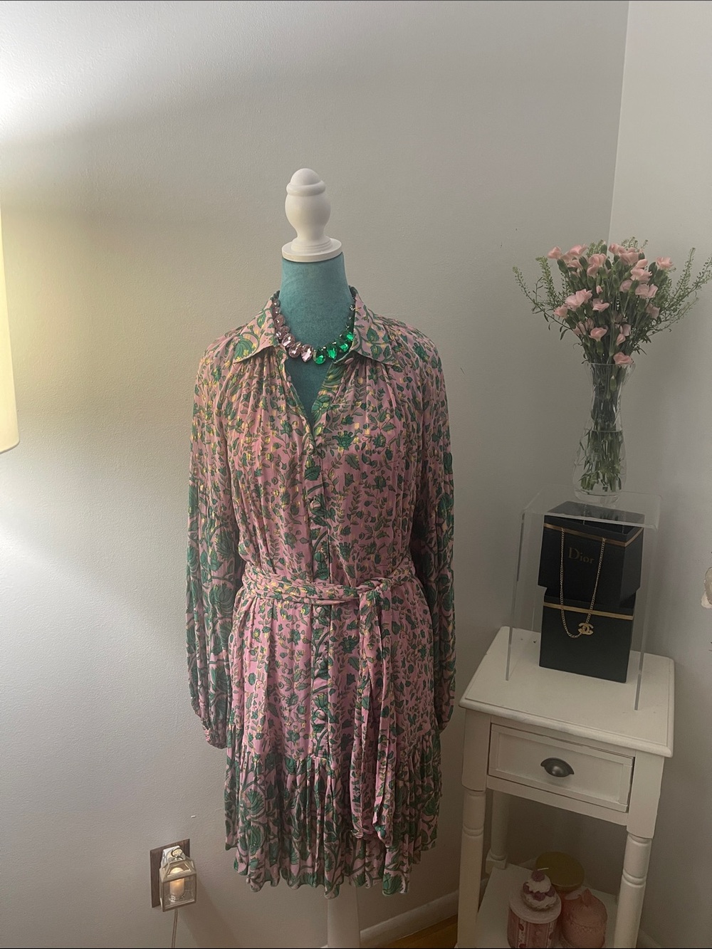 Miss June Pink and Green Floral Long-Sleeve Shirtdress with Waist Tie